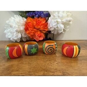 Vintage‎ Hand-Painted Wooden Napkin Rings Set of Four Colourful Abstract Designs
